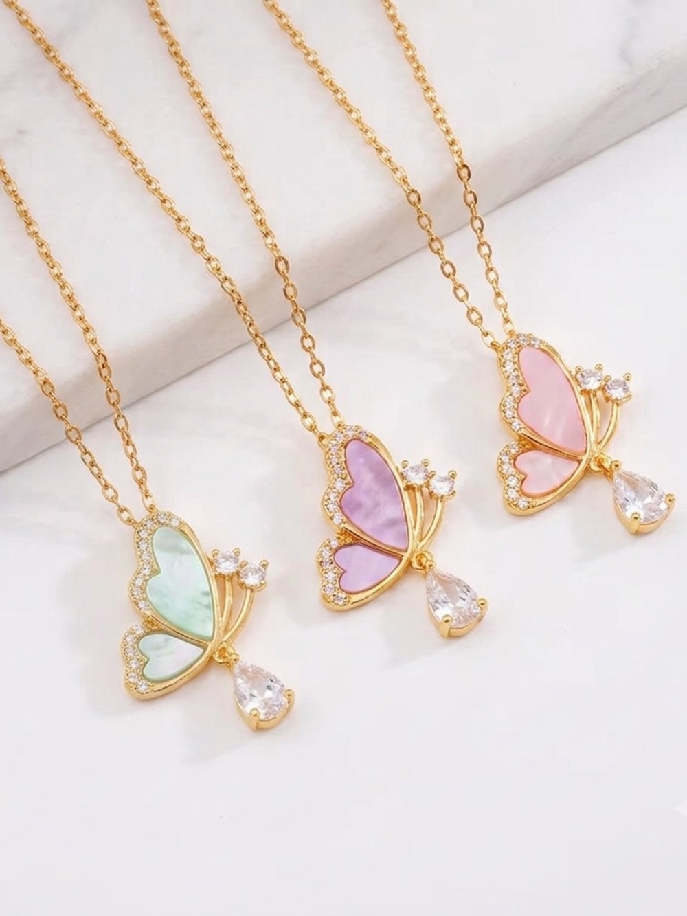 Gold Butterfly Pendant Necklace in Pink, Purple or Green - Elegant Inlay